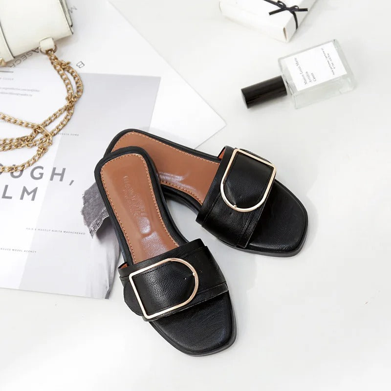 Women's Flat Slippers Summer Leather Square Toe Women Flats Flip Flops Designer Ladies Slides Sandals Women Shoes Luxury Sandals