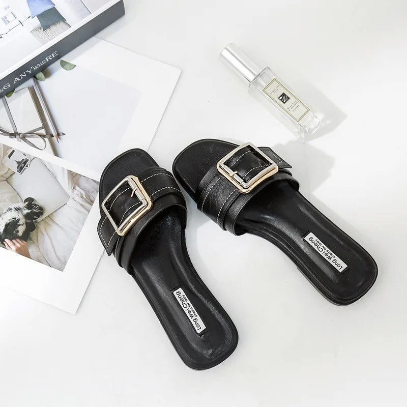 Women's Flat Slippers Summer Leather Square Toe Women Flats Flip Flops Designer Ladies Slides Sandals Women Shoes Luxury Sandals