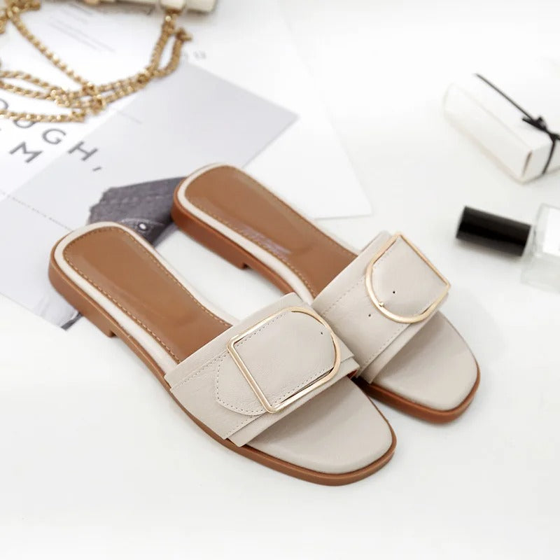 Women's Flat Slippers Summer Leather Square Toe Women Flats Flip Flops Designer Ladies Slides Sandals Women Shoes Luxury Sandals