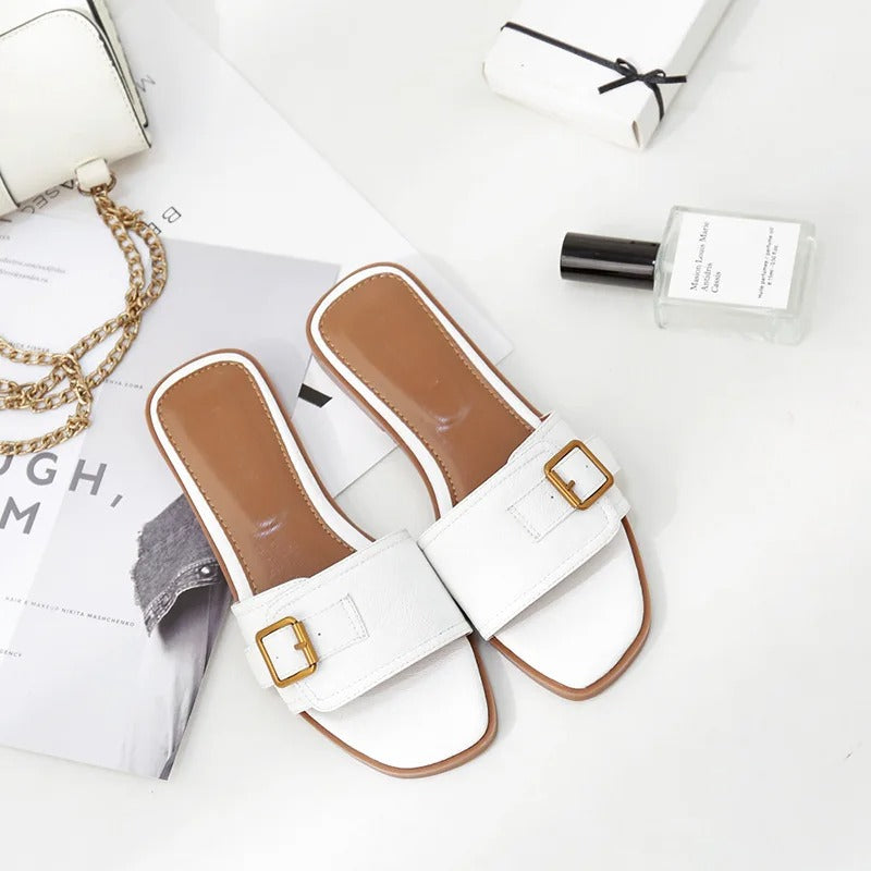 Women's Flat Slippers Summer Leather Square Toe Women Flats Flip Flops Designer Ladies Slides Sandals Women Shoes Luxury Sandals