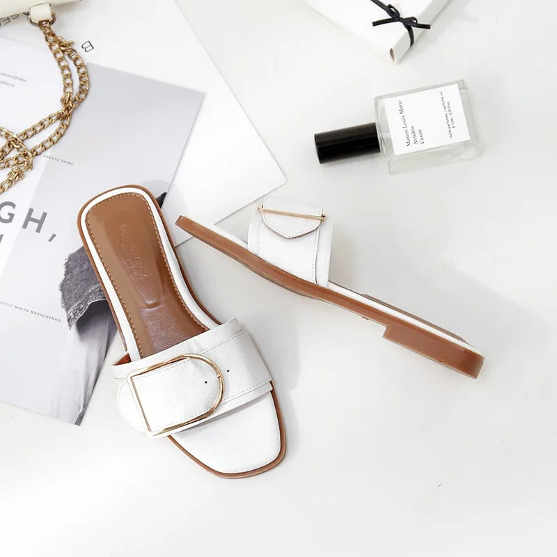 Women's Flat Slippers Summer Leather Square Toe Women Flats Flip Flops Designer Ladies Slides Sandals Women Shoes Luxury Sandals
