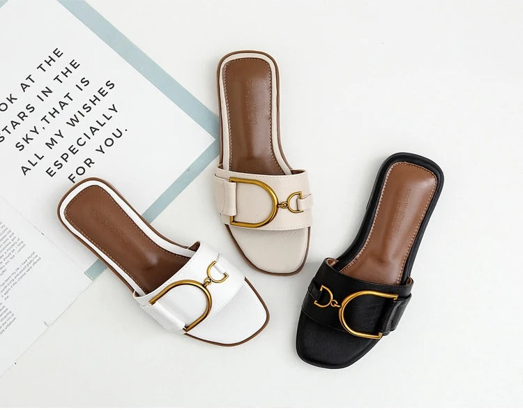 Women's Flat Slippers Summer Leather Square Toe Women Flats Flip Flops Designer Ladies Slides Sandals Women Shoes Luxury Sandals