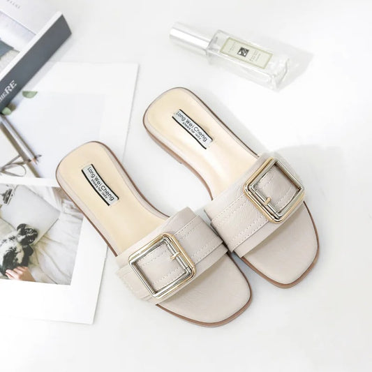 Women's Flat Slippers Summer Leather Square Toe Women Flats Flip Flops Designer Ladies Slides Sandals Women Shoes Luxury Sandals